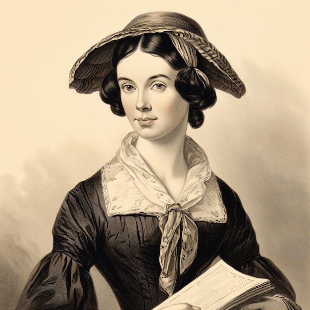 a woman in a hat and dress holding a book