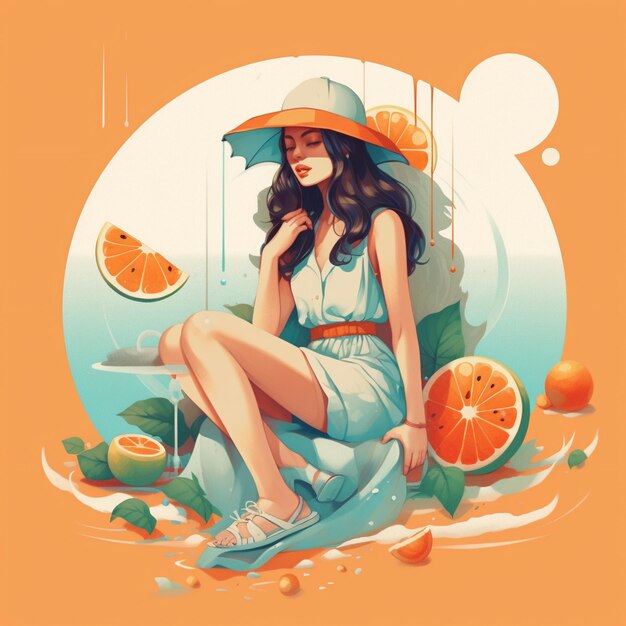 A woman in a hat and a dress sits on an orange slice.