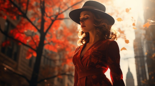 Woman in a hat in dresses in autumn New York