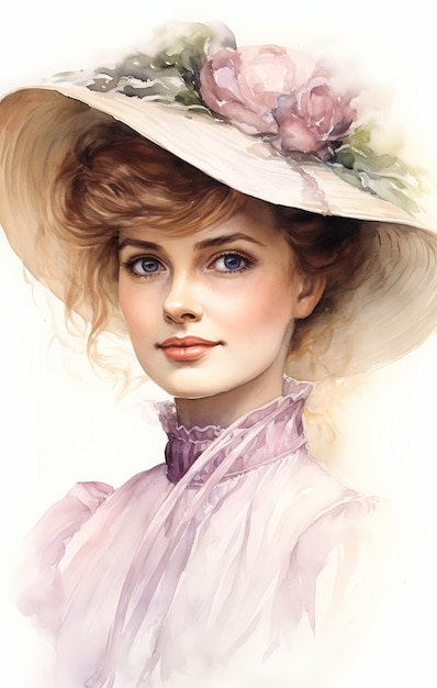 写真 女性の帽子、花、柔らかいピンク色のイラスト、顔のプロポーション、手着色