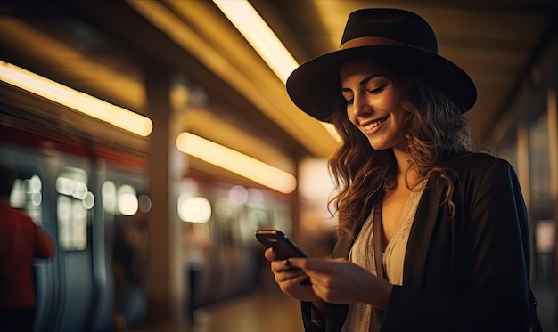 Woman in hat focused on phone waits among commuters in a train station AI generative