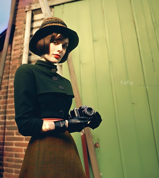 Photo a woman in a hat and gloves is standing in front of a green building