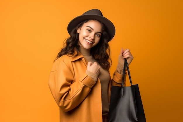 Premium AI Image | A woman in a hat and a hat holds a black tote bag