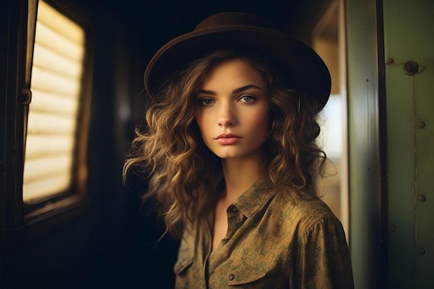 A woman in a hat and a hat is standing in front of a window.