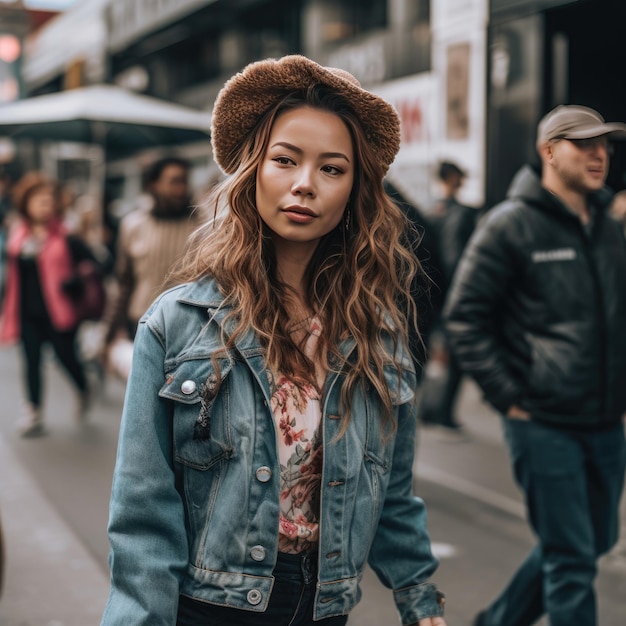 a woman in a hat and a hat is walking down the street.