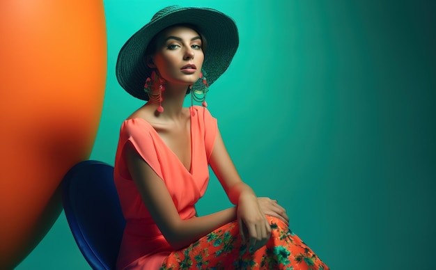 A woman in a hat and a hat sits on a blue chair.