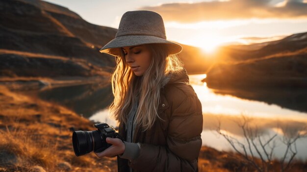 Foto donna con il cappello che tiene la telecamera