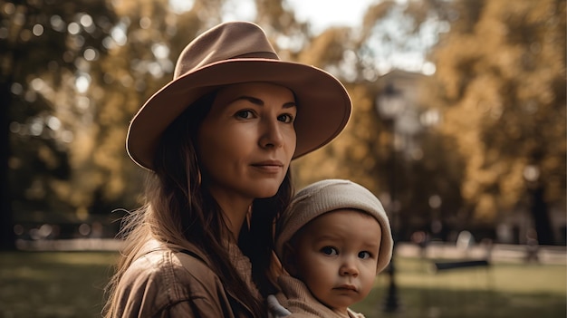 A woman in a hat holds a baby in a park.