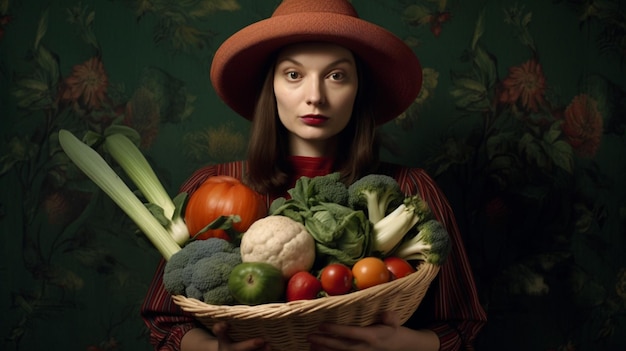 A woman in a hat holds a bunch of vegetables