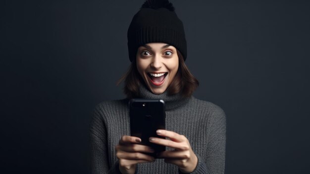 A woman in a hat is holding a phone and smiling.