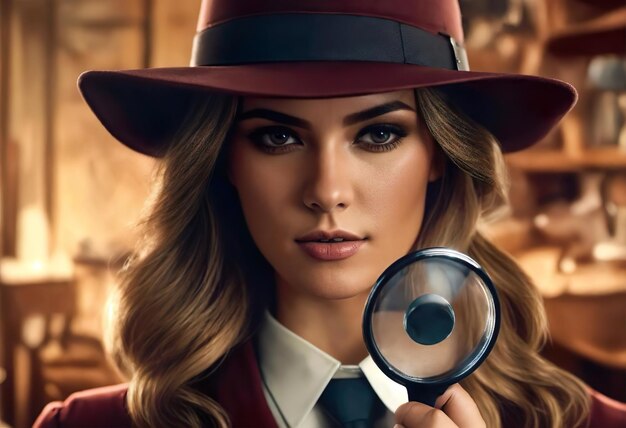 a woman in a hat is looking through a magnifying glass