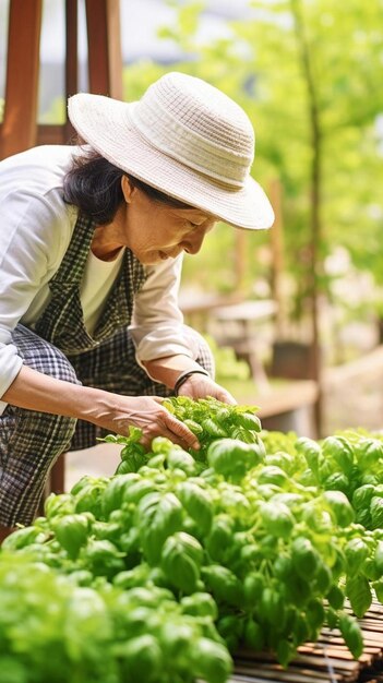 帽子をかぶった女性がレタスを摘んでいる