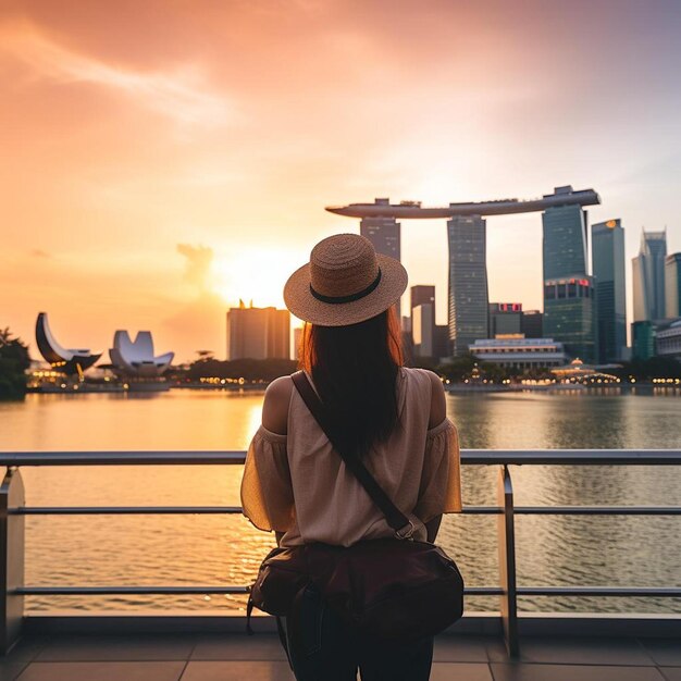 a woman in a hat is sitting on a railing