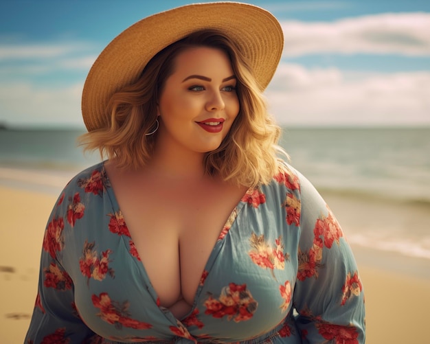 Photo a woman in a hat is standing on the beach