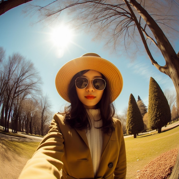 a woman in a hat is wearing a hat and sunglasses.