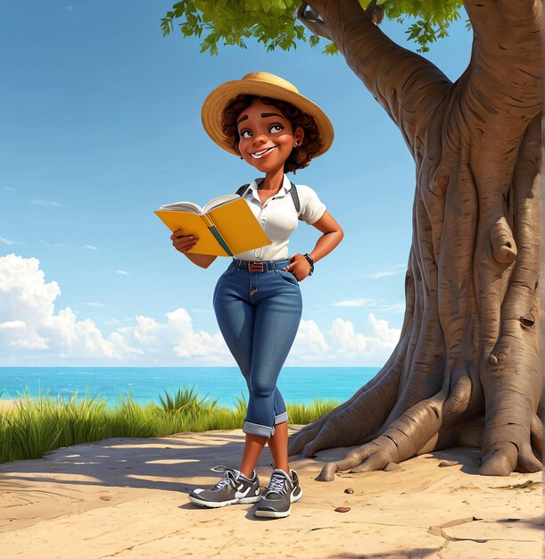 a woman in a hat and jeans stands under a tree on the beach