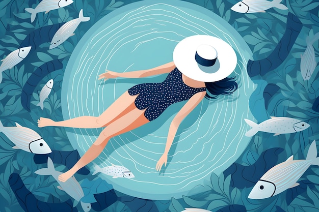 A woman in a hat lies on a pool of fish