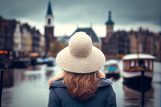 A woman in a hat looks out over a canal and a boat in the background.