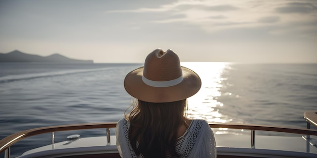 A woman in a hat looks out over the ocean.