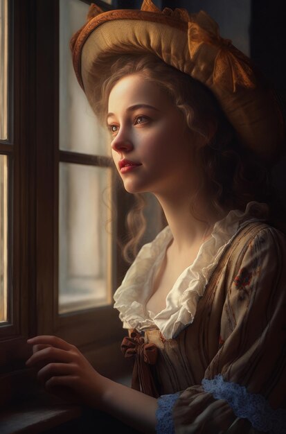 A woman in a hat looks out a window.