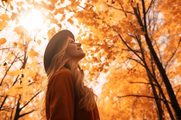 A woman in a hat looks up at the sun in an autumn forest