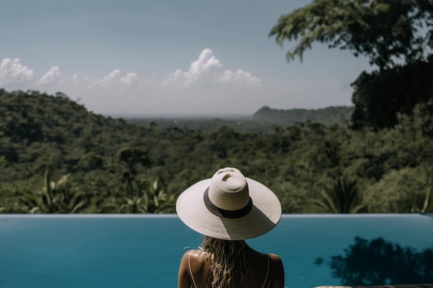 A woman in a hat rests and relaxes near the pool overlooking the beautiful landscape