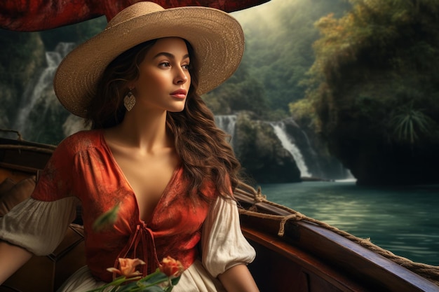 울창 한 열대 섬 들 을 돌아다니는 배 를 타고 있는 모자 를 입은 여자