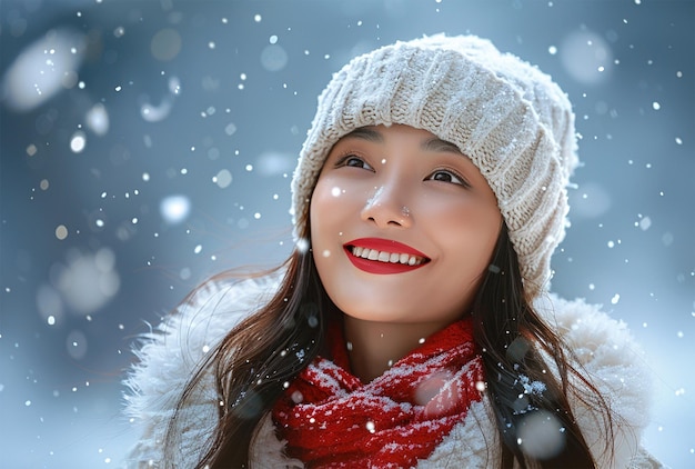 Foto una donna con un cappello e una sciarpa sta sorridendo e sorridendo