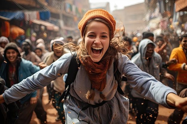 Foto una donna in un cappello e una sciarpa che ridono