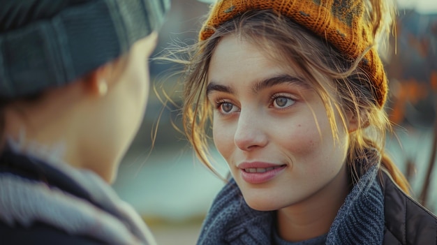 Photo woman in hat and scarf talking to man