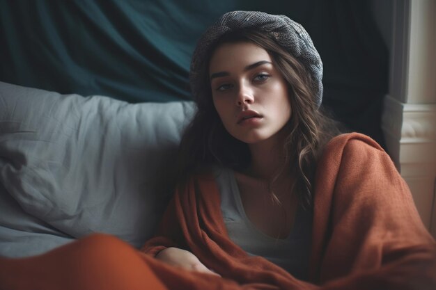 Женщина в шляпе сидит на кровати с одеялом на коленях.