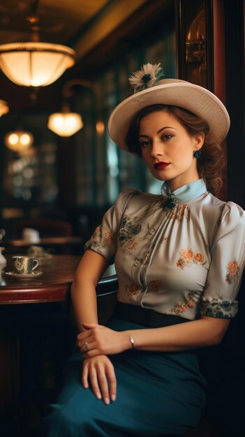 A woman in a hat sits in a cafe with a cup of coffee