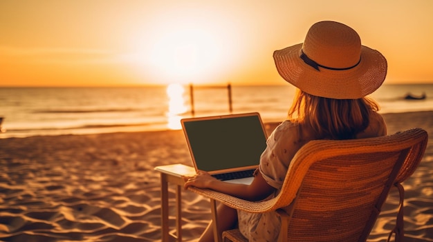 帽子をかぶった女性がビーチの椅子にノートパソコンを持って座っている