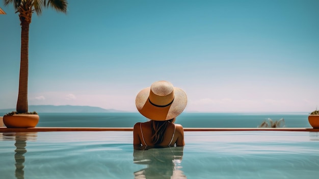 A woman in a hat sits in a pool with the ocean in the background.