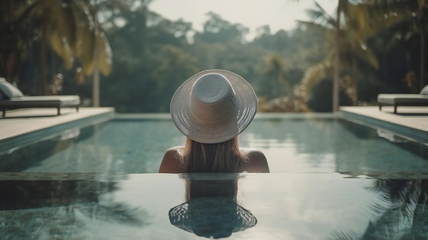 A woman in a hat sits in a pool with palm trees in the background