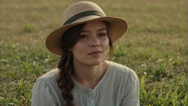 Woman in hat sitting in a field