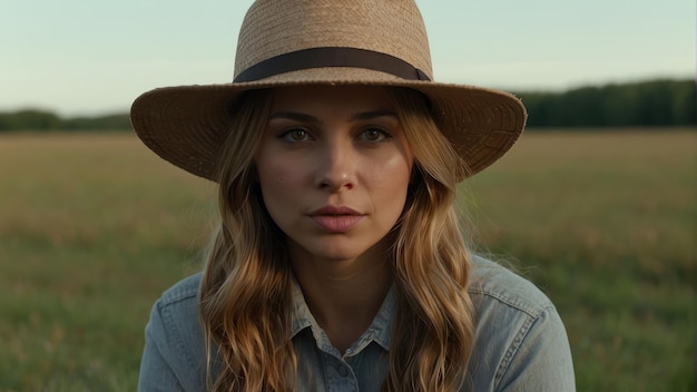 Woman in hat sitting in a field