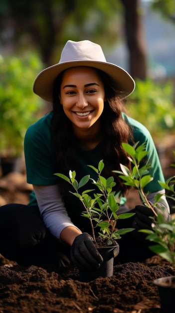 帽子をかぶった女性が木を植えながら微笑む