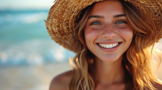 Photo woman in a hat smiling on the beach