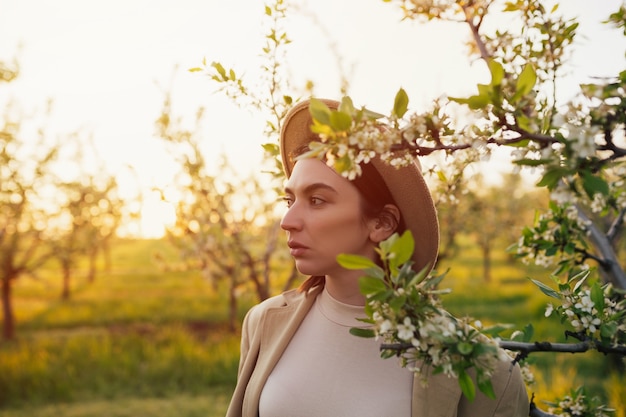 Woman in a hat in a spring garden where trees bloom at sunset