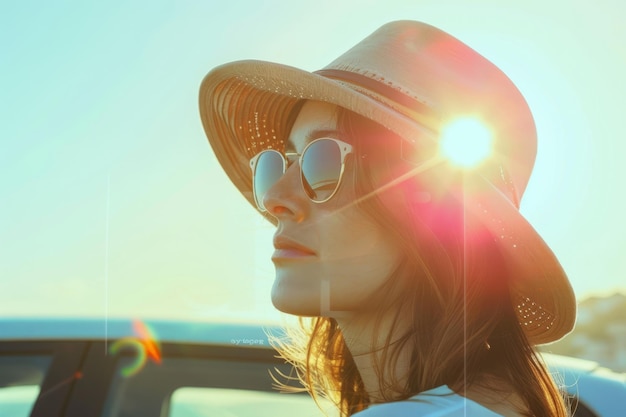 Woman in a hat standing near her car during summer holiday on the sea Generative AI