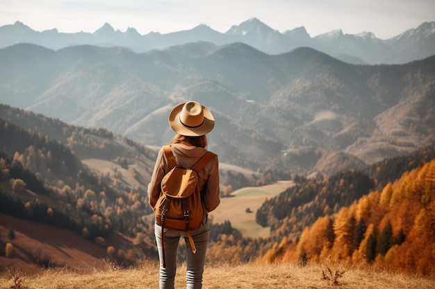 A woman in a hat standing on top of a hill generative ai image