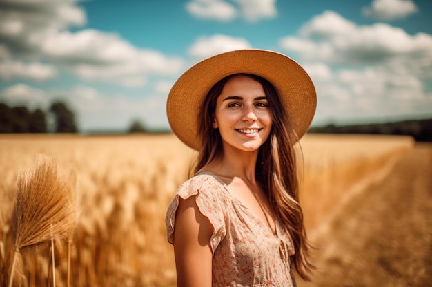 A woman in a hat stands in a field of wheat.