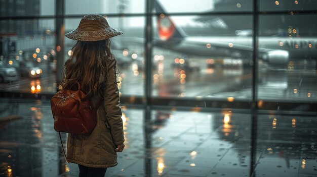 Photo a woman in a hat stands in front of an airport window