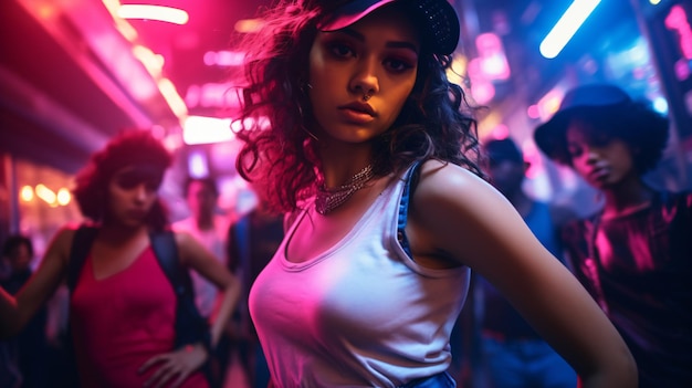 a woman in a hat stands in front of a colorful background.