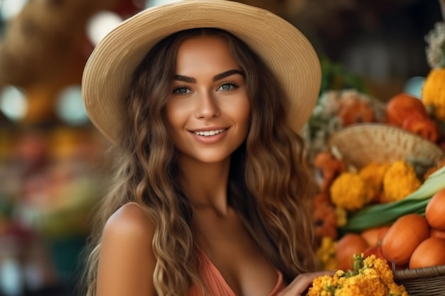 A woman in a hat stands in front of a flower market