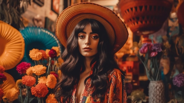 A woman in a hat stands in front of a flower shop