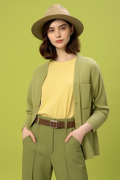 a woman in a hat stands in front of a green wall