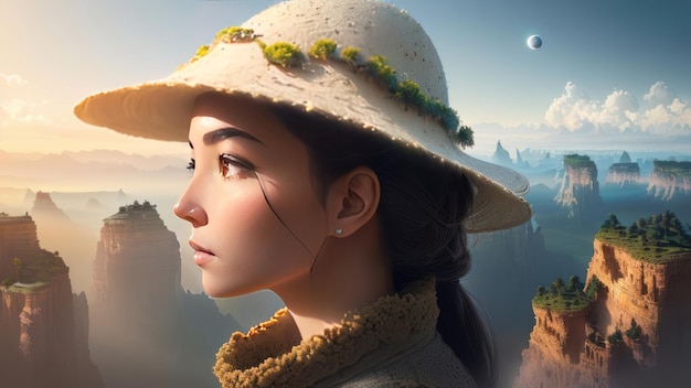 A woman in a hat stands in front of a mountain with a planet in the background.