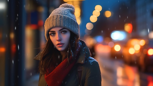 A woman in a hat stands in the snow in the city.